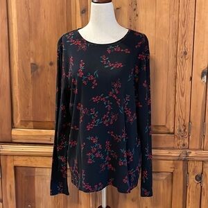 Croft & Barrow Black Christmas Holly Long Sleeve Crew Neck Cotton Sz. XL